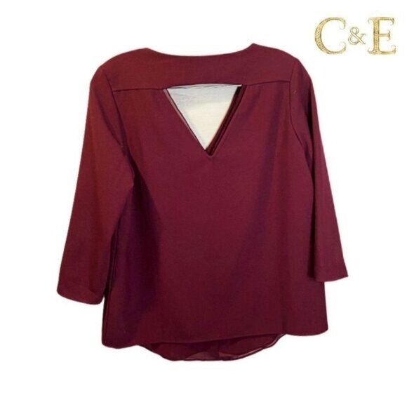 C&E Women's‎ Burgundy V-Neck 3/4 Sleeve Loose Blouse - Picture 2 of 5